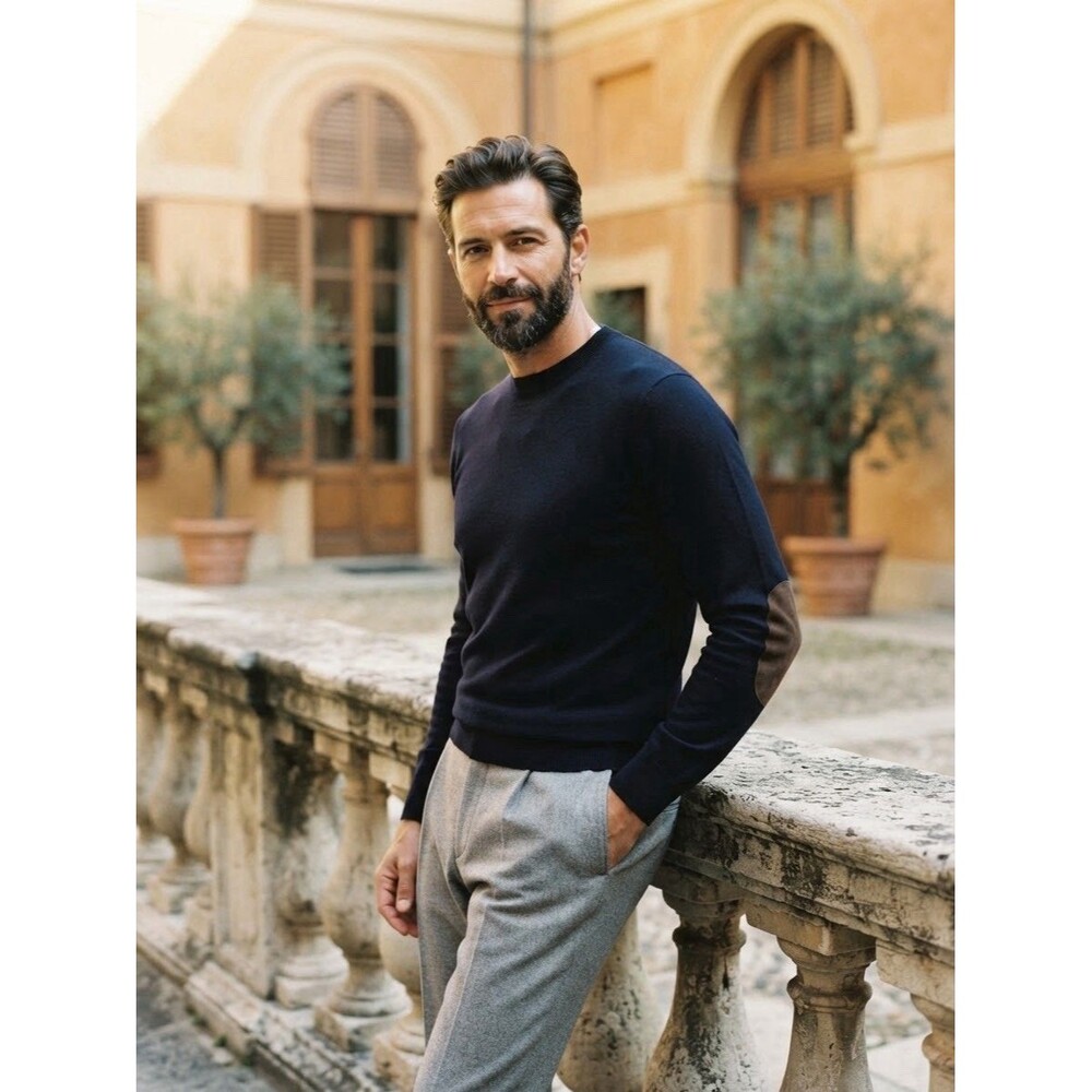 Brunello Cucinelli Cashmere Wool Crewneck Sweater Suede Elbow Patches Men L Navy